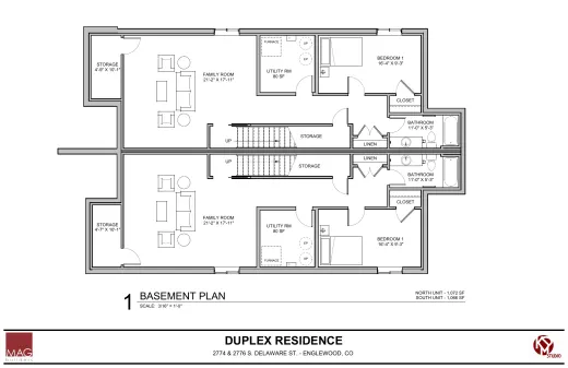 BASEMENT PLAN, North Unit 1,072 sq ft, South Unit 1,066 sq ft