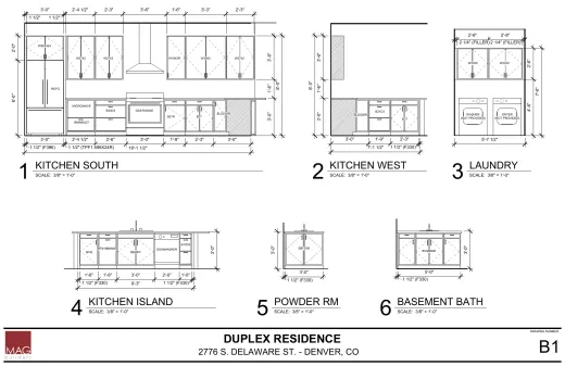 ELEVATIONS B1, Kitchen South, Kitchen West, Laundry, Kitchen Island, Powder Rm, Basement Bath