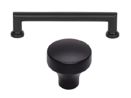 CABINET HARDWARE, Top Knobs Morris 5-1/16” Pull, Kinney 1-1/4” Knob, Matte Black, BCI4331453, BCI3360150, install: knobs on doors, pulls on drawers