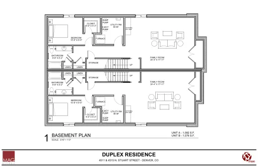 BASEMENT PLAN, Unit A 1,082 sq ft, Unit B 1,076 sq ft