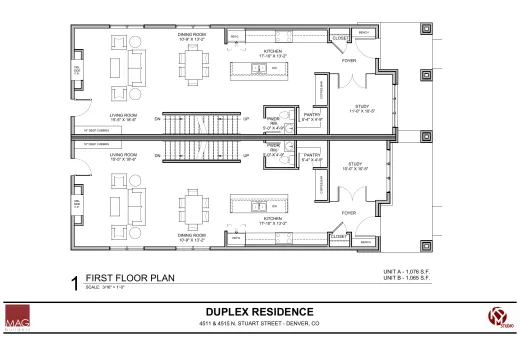 FIRST FLOOR PLAN, Unit A 1,076 sq ft, Unit B 1,065 sq ft