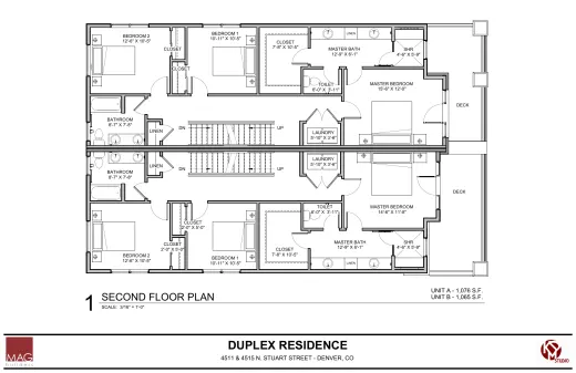 SECOND FLOOR PLAN, Unit A 1,076 sq ft, Unit B 1,065 sq ft