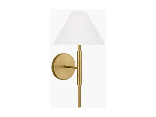 Vanity light, Porteau Medium Sconce 9” W X 17” T, Brass with Linen Shade, Install on Ends of Mirror, qty 4, VC DJW1011SB