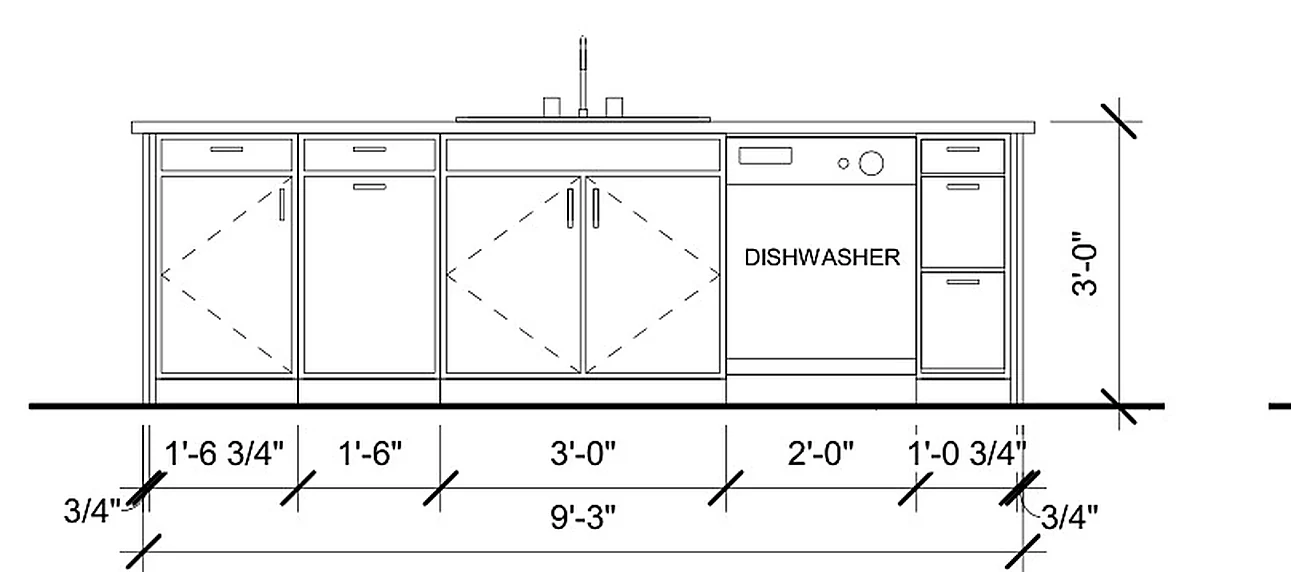 CABINET LAYOUT — ISLAND, Island sink & dishwasher elevation