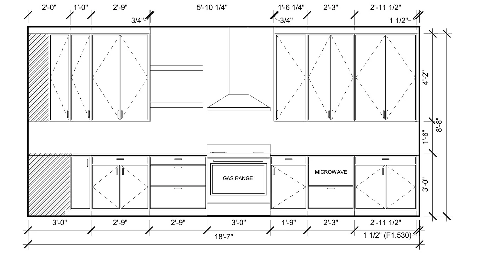 CABINET LAYOUT — NORTH WALL, Range & hood wall elevation