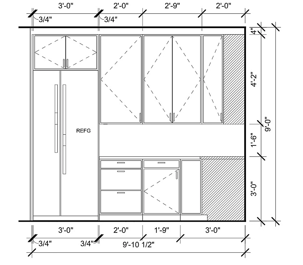 CABINET LAYOUT — WEST WALL, Refrigerator wall elevation