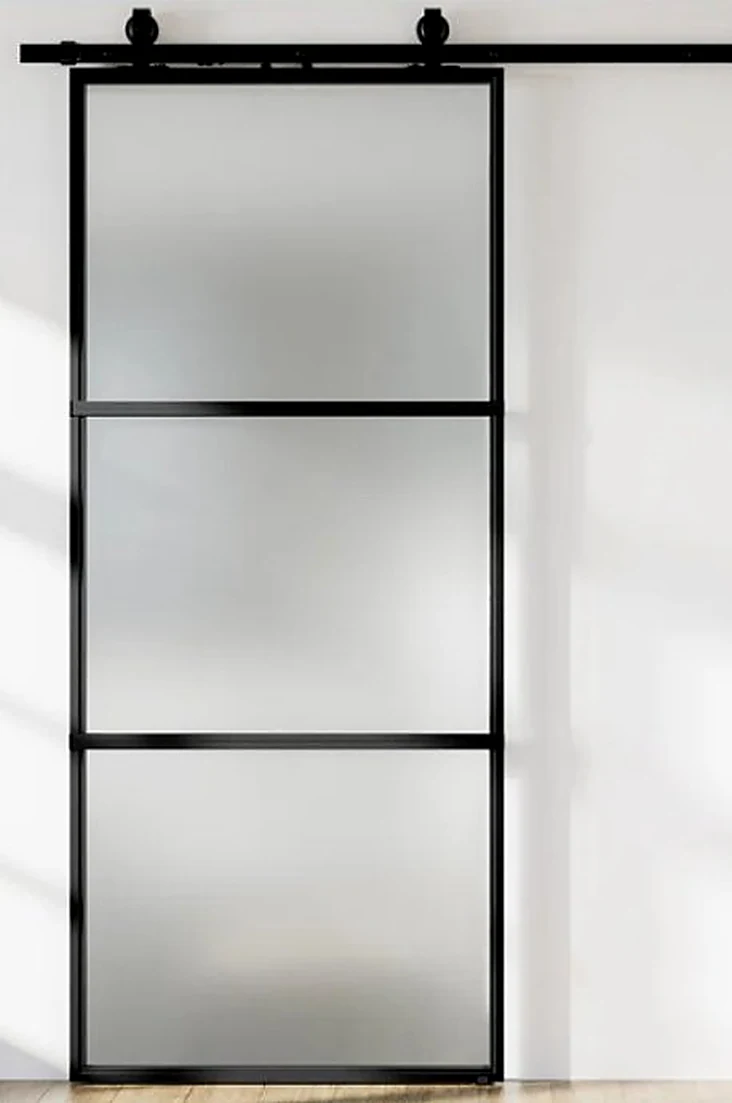 PANTRY DOOR, Sliding barn door, frosted glass & metal, black