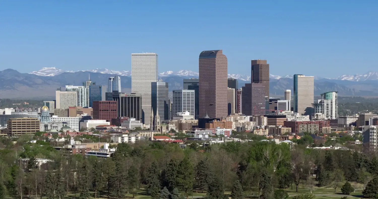 The Denver skyline above the central-Denver Cherry Creek neighborhood