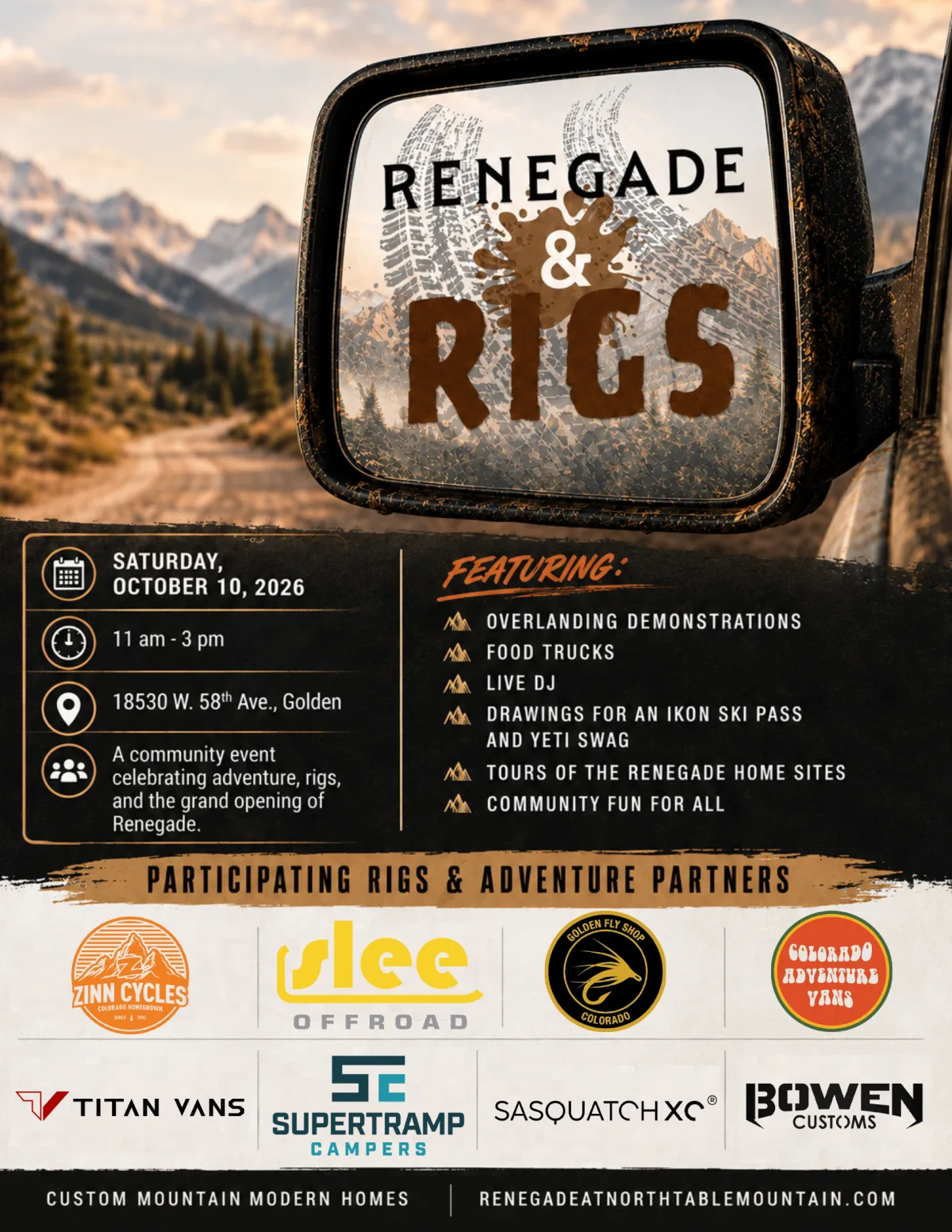 Renegade and Rigs invite. Saturday, October 10, 2026, 11am to 3pm, 18530 W. 58th Ave., Golden. Overlanding demonstrations, food trucks, live DJ, tours of the Renegade home sites.